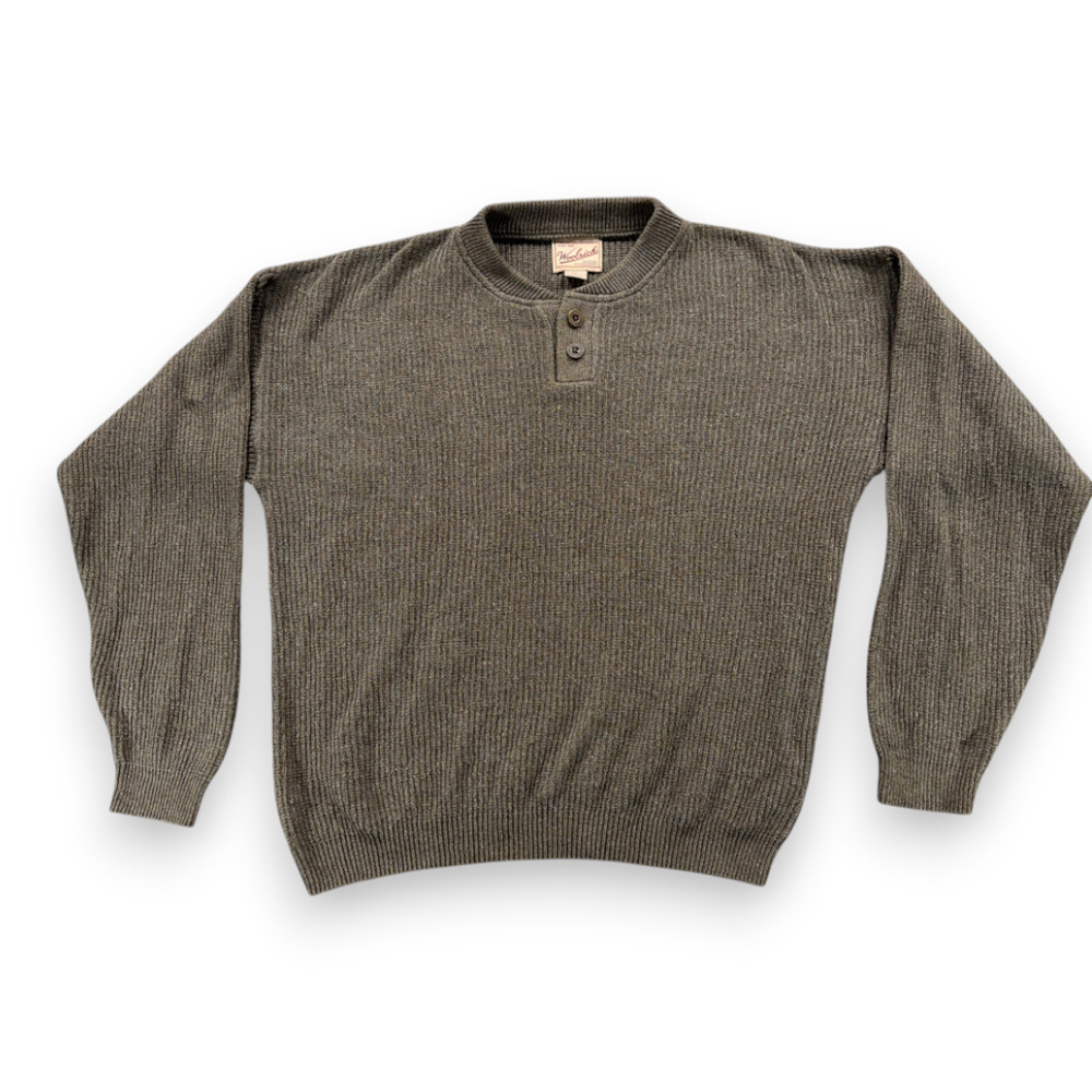 Vintage Woolrich Sweater Adult LARGE Brown Henley Cotton Acrylic Outdoor USA 90s